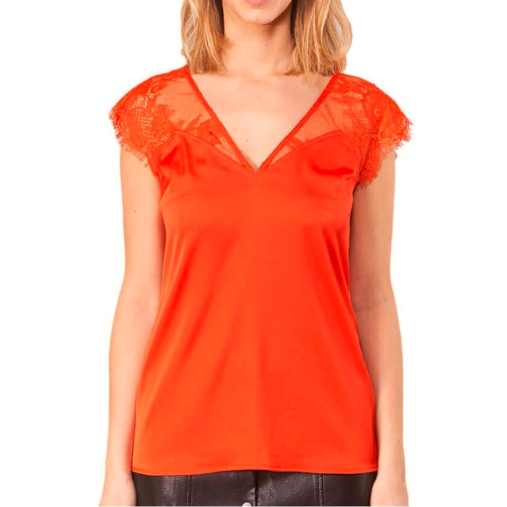 Suzy Shier| Red Lace Trim Women's Top with a lovely bow at the back